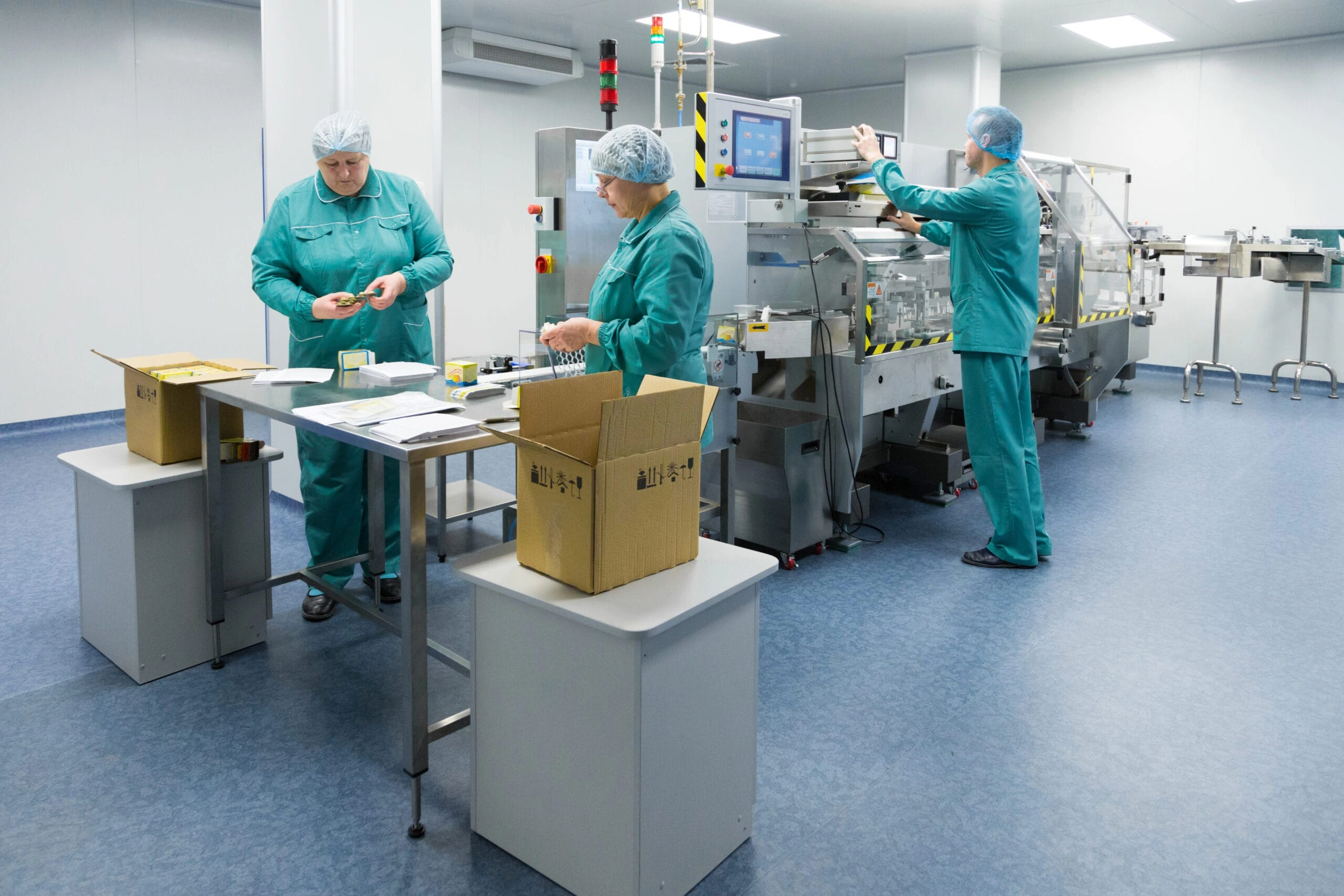 Pharmaceutical Factory Workers in Sterile Cleanroom Environment