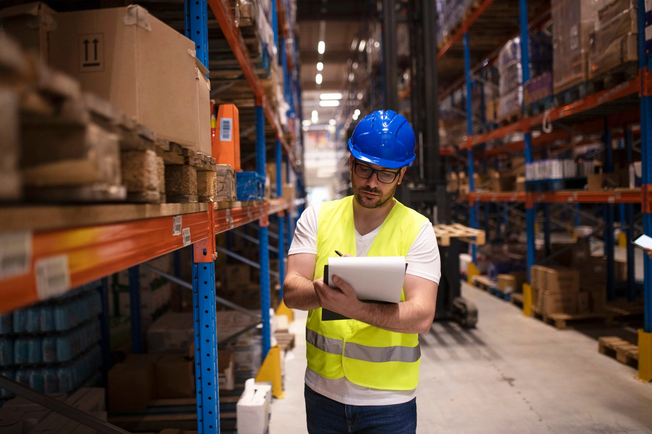 Warehouse Worker Managing Inventory in Smart Storage Facility