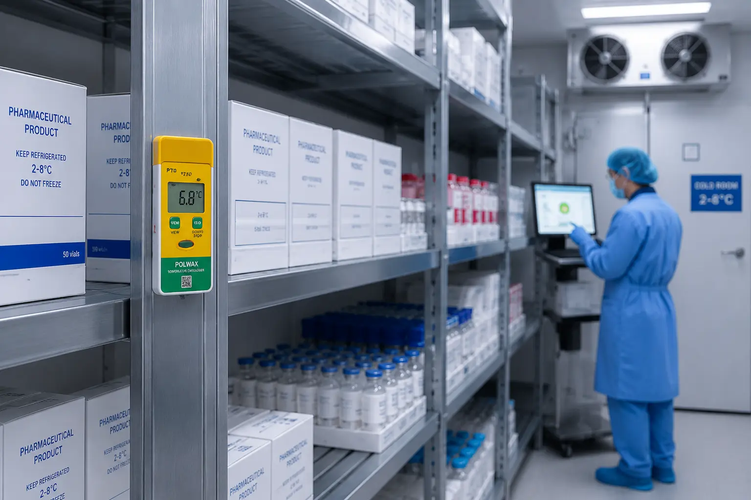 Polwax PRH70 temperature and humidity data logger monitoring pharmaceutical cold storage for vaccines and medicines